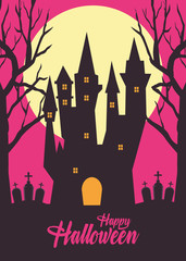 happy halloween card with haunted castle in cemetery silhouette