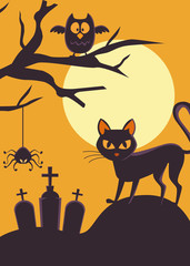 happy halloween card with black cat and owl in cemetery