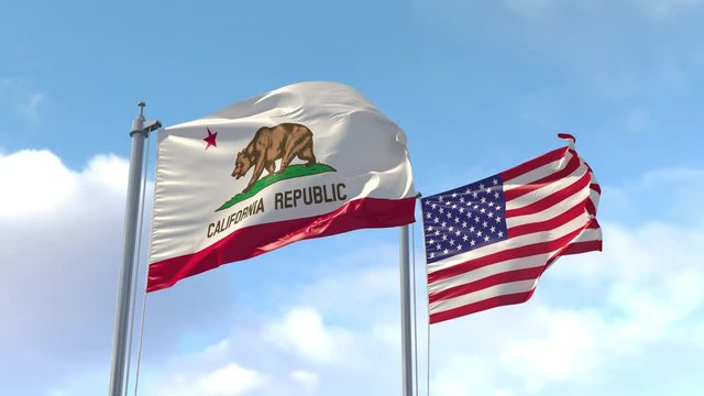 California and USA Flags on a flagpole realistic wave on wind. Flag California Republic in The United States of America. Sacramento, Los Angeles. Luma Track Mattes for background cutting.