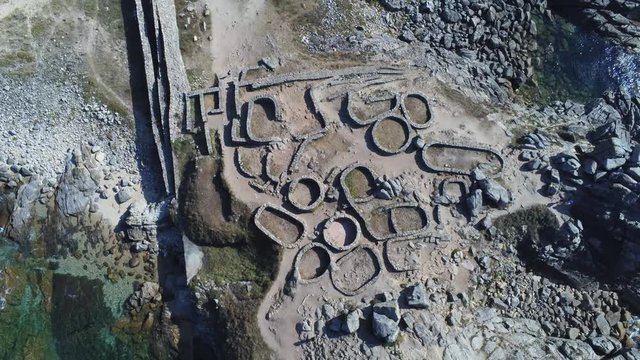 Celtic settlement of Castro de Baro&ntilde;a. Beach of Porto do Son, A Coru&ntilde;a. Galicia, Spain. Aerial Drone Footage