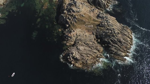 Celtic settlement of Castro de Baroña. Beach of Porto do Son, A Coruña. Galicia, Spain. Aerial Drone Footage