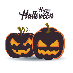 happy halloween card with lettering and pumpkins scene