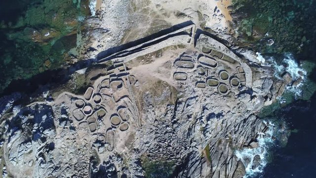 Celtic settlement of Castro de Baro&ntilde;a. Beach of Porto do Son, A Coru&ntilde;a. Galicia, Spain. Aerial Drone Footage