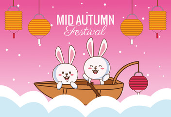 mid autumn celebration card with little rabbits couple in boat over clouds