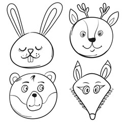 Cartoon vector cute  animals coloring page-bunny, deer, bear, fox. Fully editable. Nursery illustration on white background. Ready for print. Can be used for coloring book, sticker, poster, print