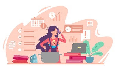 Busy Mom with young baby multitasking her housework and business, colored flat vector illustration. Overloaded person concept