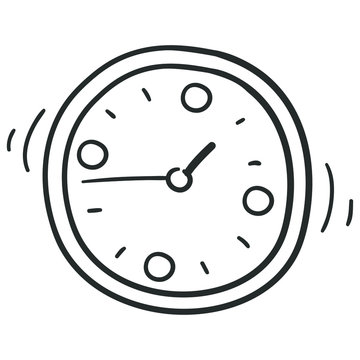 Round Clock Time Traditional Doodle. Icons Sketch Hand Made. Design Vector Line Art.