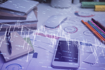 Double exposure of forex chart drawing and cell phone background. Concept of financial data analysis