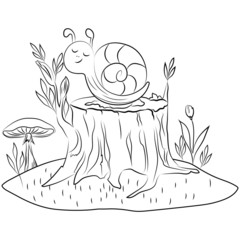 Cartoon vector snail coloring page. Fully editable. Cute winter nursery illustration on white background. Ready for print. Can be used for coloring book, sticker, poster, print, fabric, textile