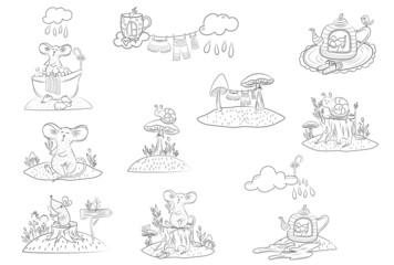Obraz premium Cartoon vector mouse and snail coloring page. Fully editable. Cute nursery illustration on white background. Ready for print. Can be used for coloring book, sticker, poster, print, fabric, textile