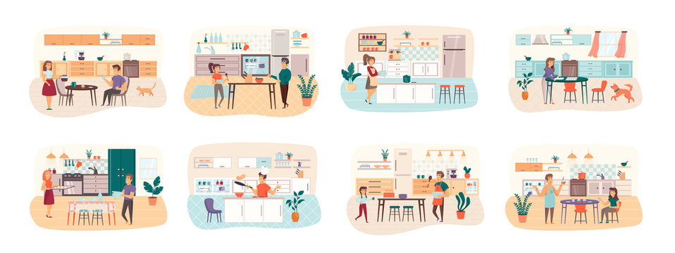 Cooking bundle of scenes with flat people characters. Happy people cooking on kitchen table at home conceptual situations. Family preparing food, delicious and healthy meal cartoon vector illustration