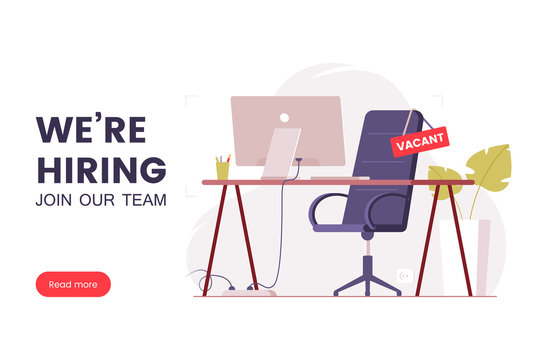 Job offer banner design. Workplace in the office with an empty chair and a vacancy sign. Search for employees in an IT company. Table with computer and chair. We're hiring poster. Vector illustration