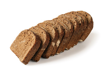 Sliced loaf of fresh rye bread isolated on white background. Low calorie whole grain sourdough bread. Baking of dough and healthy eating.