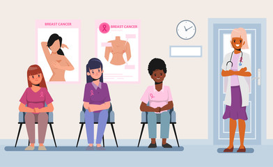 Female Assisting Doctor Helps Patient Undergoing Mammogram X-ray Test. Breast cancer awareness month.