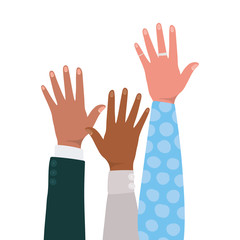open hands up of different types of skins design, diversity people multiethnic race and community theme Vector illustration