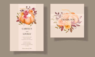Wedding invitation beautiful hand drawing flower and leaves template set 