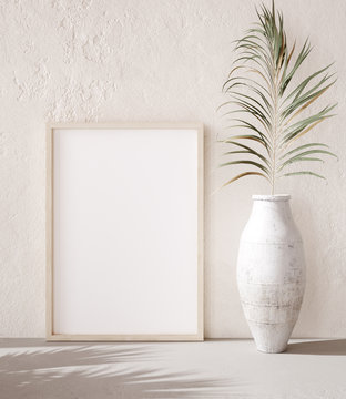 Mock up frame with palm branch in a pot close up, nomadic style, 3d render	
