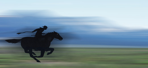 Pony Express Illustration - An illustration of a pony express rider with a blurred background to...