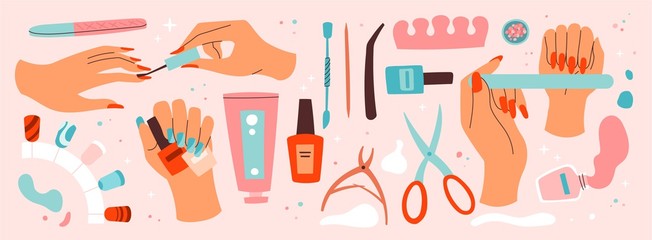 Set of manicure and nail care icons with assorted tools and accessories, nail lacquer and female hands , colored vector illustration - obrazy, fototapety, plakaty