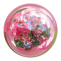Transparent glass ball reflecting pink flowers. 3d render sphere isolated on a white background