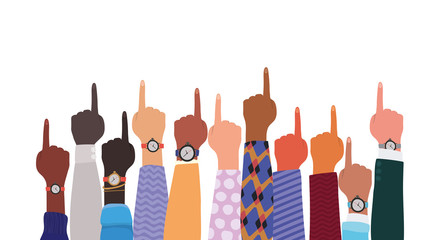 number one sign with hands of different types of skins design, diversity people multiethnic race and community theme Vector illustration