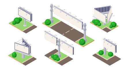 Isometric billboard on green ground near road for outdoor advertising set.
