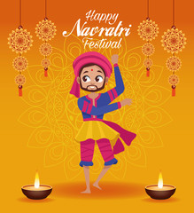 happy navratri celebration card lettering with man dancing and candles
