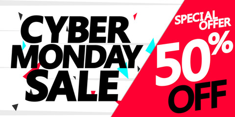 Cyber Monday Sale, up to 50% off, poster design template, special offer, end of season deal, vector illustration