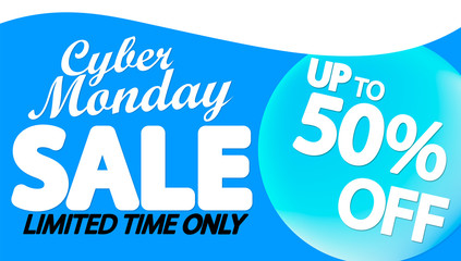 Cyber Monday Sale, up to 50% off, poster design template, clearance offer, end of season deal, vector illustration