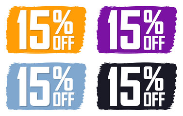 Set Sale 15% off banners, discount tags design template, extra promo, brush grunge, vector illustration