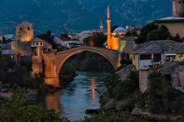 Night view of Stari Most (Old Bridge) over Neretva River, UNESCO World Heritage Site, Mostar, Bosnia and Herzegovina
