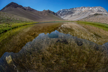 lagoon in the Andes mountain range taken with a fisheye