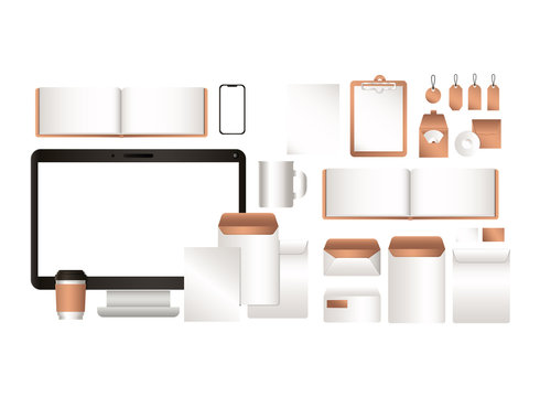 mockup computer and set of corporate identity and stationery design theme Vector illustration