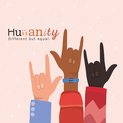 humanity different but equal and diversity rock hands up design, people multiethnic race and community theme Vector illustration