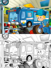 cartoon scene repairman in some garage working repairing car illustration