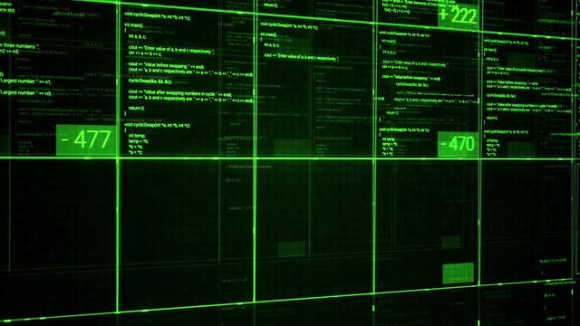 Blocks of abstract program code flowing and changing on black background. Animation. Data flowing on the screen of a computer or laptop, IT, software development and hacking concept.
