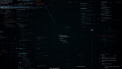 Moving through parts of the source code of a computer program in virtual space. Animation. Abstract flowing lines of changing symbols on black background, seamless loop.