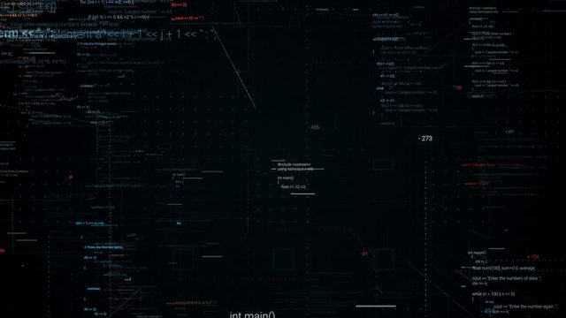 Moving through parts of the source code of a computer program in virtual space. Animation. Abstract flowing lines of changing symbols on black background, seamless loop.