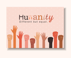 humanity different but equal and diversity hands up design, people multiethnic race and community theme Vector illustration