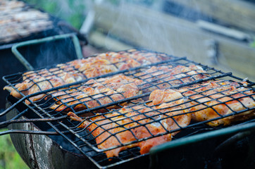 Outdoor barbecue, chicken meat is cooked on coals in smoke.