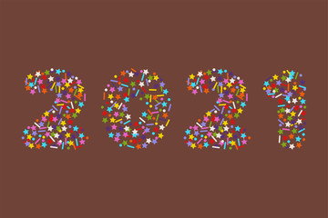 2021 numbers in flat colorful sprinkles candy topping or confetti style font, stock vector illustration clipart design element isolated on brown chocolate background for calendar, poster, flyer, card