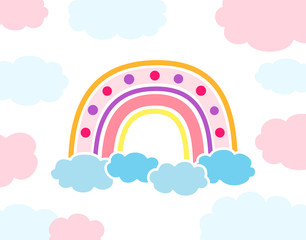 Rainbow with clouds flat cartoon style. Rainbow abstract hand drawn symbol. Cute bright pink, nature weather element for kids. For print, card, fabric. Isolated vector illustration