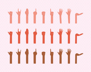 hands up of different types of skins design, diversity people multiethnic race and community theme Vector illustration