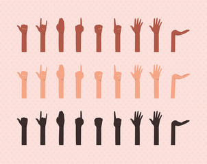 hands up of different types of skins design, diversity people multiethnic race and community theme Vector illustration