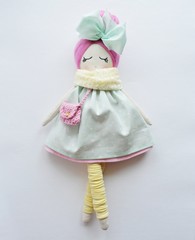 Heirloom textile doll with pink hair wearing lovely mint dress, cute handbag, yellow gaiters and...