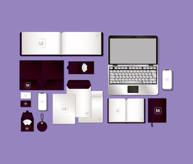 mockup set with dark purple branding of corporate identity and stationery design theme Vector illustration © Grgroup