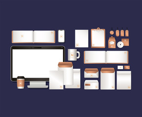 computer and branding mockup set of corporate identity and stationery design theme Vector illustration © Grgroup