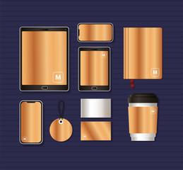 mockup set with gold branding of corporate identity and stationery design theme Vector illustration © Grgroup
