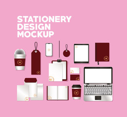 mockup set with dark red branding of corporate identity and stationery design theme Vector illustration © Grgroup