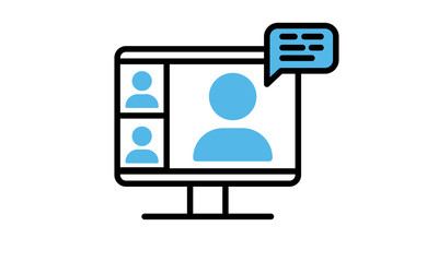Video conference icon. People on computer screen. Home office in quarantine times. Internet virtual teaching media. Digital communication